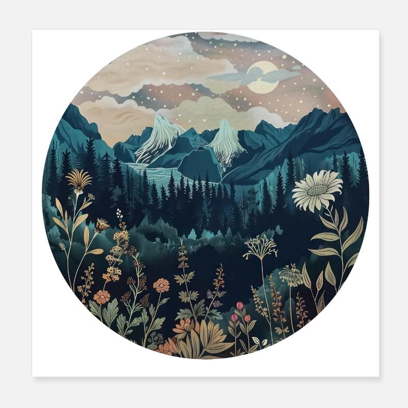 Boho, Blumen, Berge, Landschaft, Natur, Bäume Poster 20x20 cm