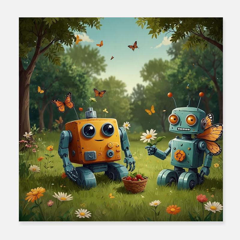 Zwei kleine Roboter auf einer Blumenwiese Poster 20x20 cm