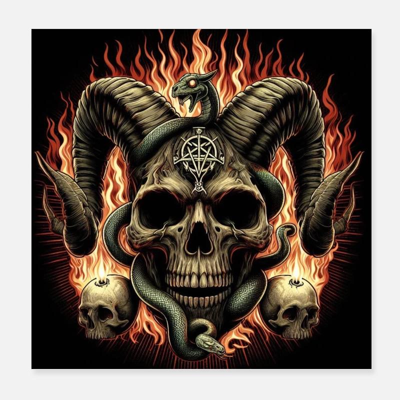 Satanic Skull on Fire Poster 8" x 8" (20x20 cm)