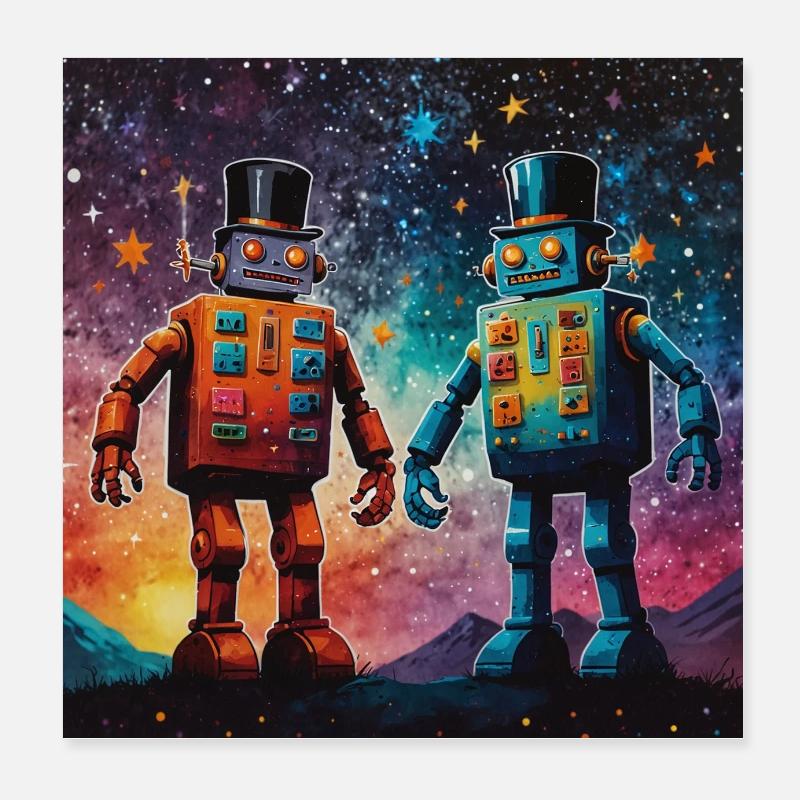 Deux robots avec des cylindres sous les étoiles Poster 20 x 20 cm