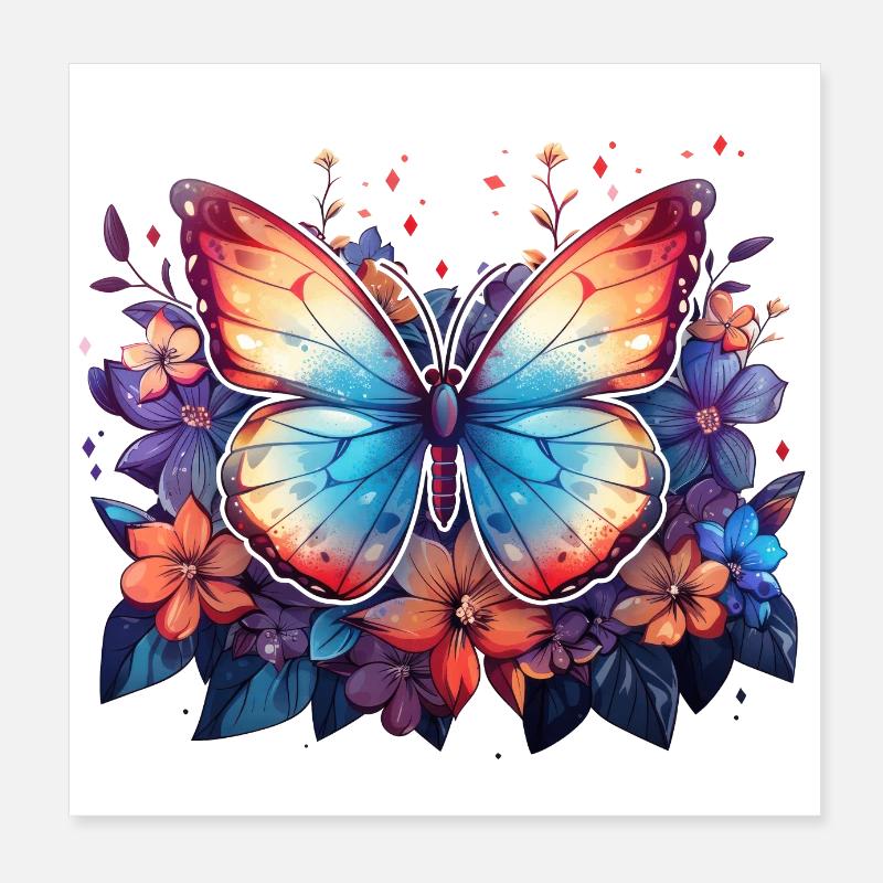 Papillon, Fleurs, Printemps, Nature Poster 20 x 20 cm