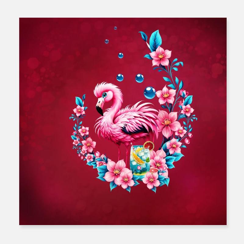 Flamant rose élégant avec des fleurs tropicales. Poster 20 x 20 cm