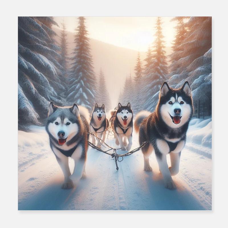 Huskys auf einem Schlitten Poster 20x20 cm