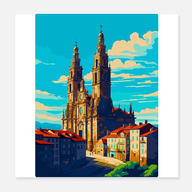 Saint-Jacques-de-Compostelle Espagne Affiche De Voyage Vintage Poster 20 x 20 cm