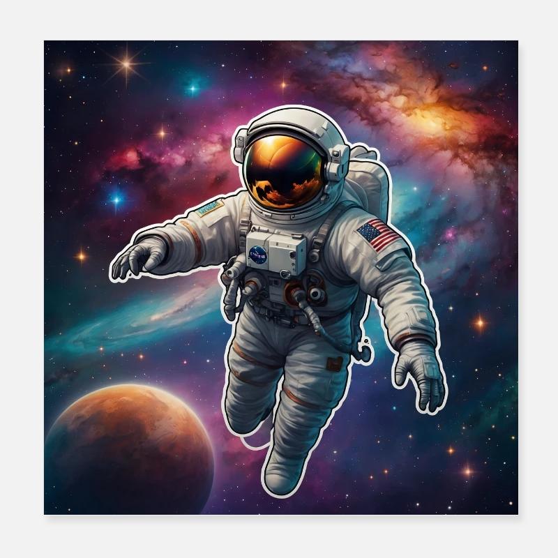 Astronaute sur la route dans l’espace avec des planètes Poster 20 x 20 cm