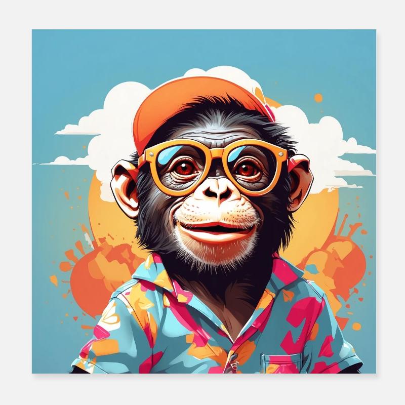 Schimpanse Freizeitlook mit Sonnenbrille und Cap Poster 20x20 cm