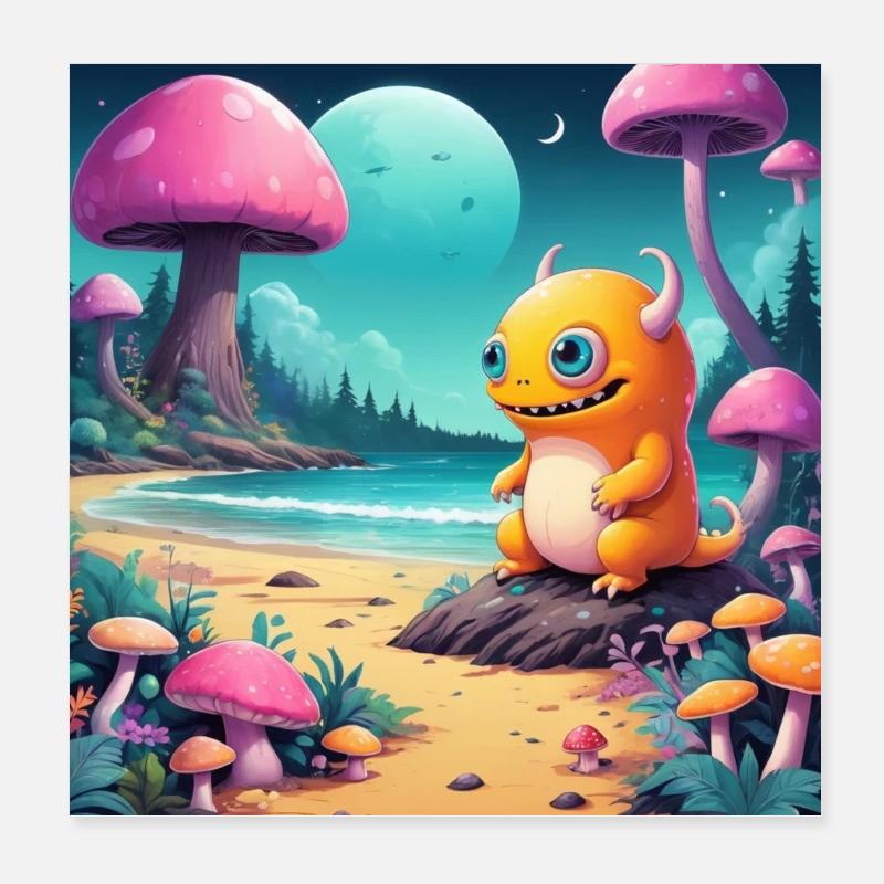 Petit monstre sur la plage de conte de fées Poster 20 x 20 cm