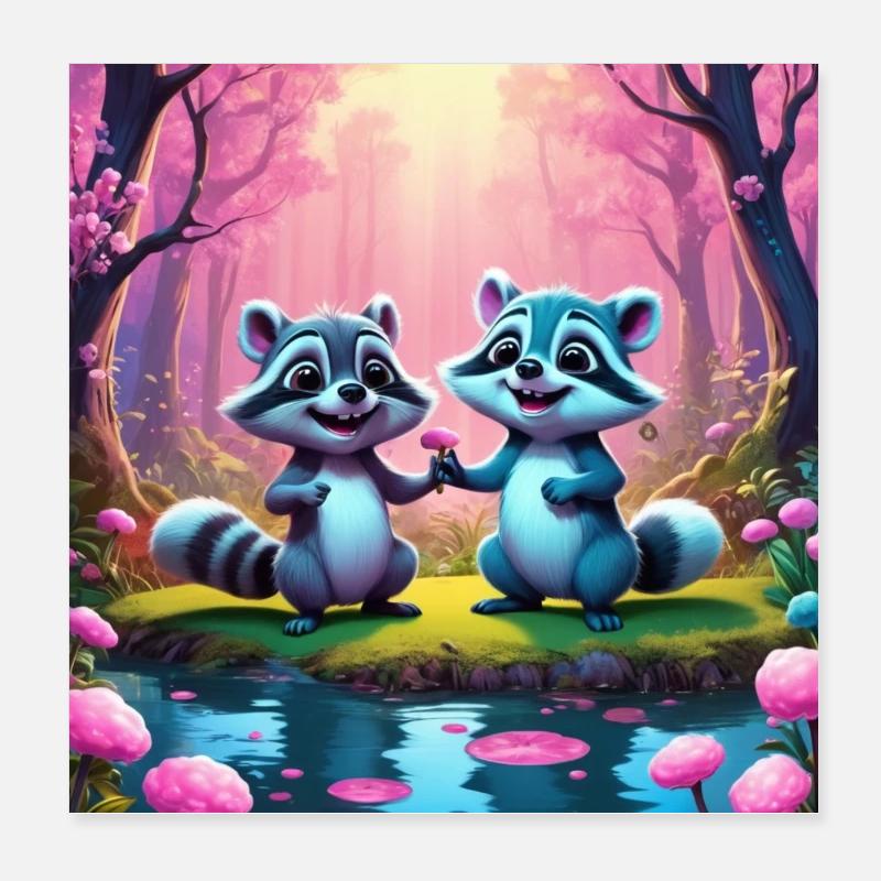 Waschbären im Märchenwald Poster 20x20 cm
