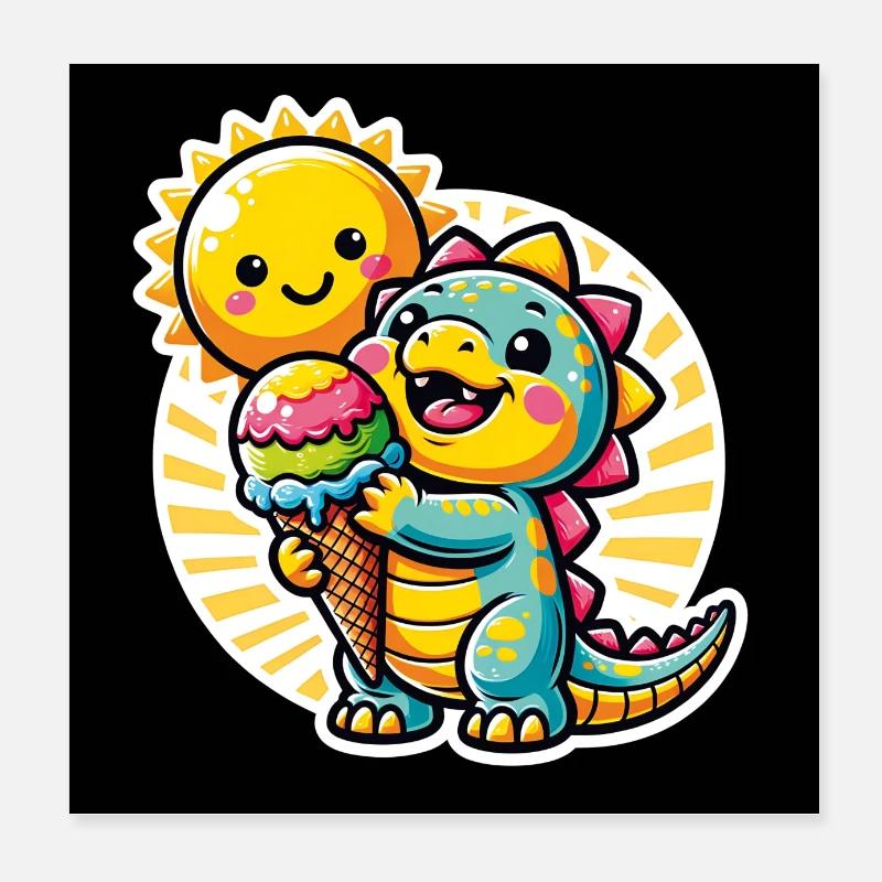 Kleiner süßer Dino mit großer bunter Eistüte Poster 20x20 cm