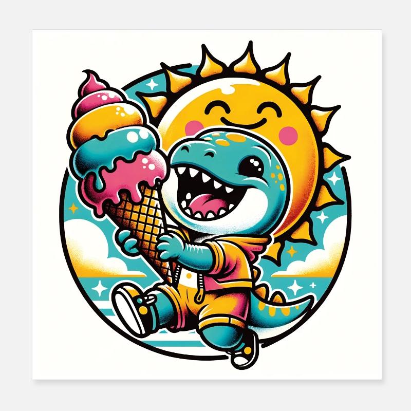 Petit dinosaure mignon avec cornet de crème glacée coloré et soleil Poster 20 x 20 cm