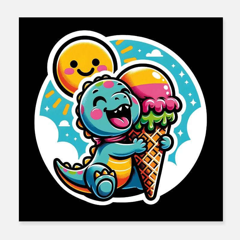 Petit dinosaure mignon avec un gros cornet de crème glacée coloré Poster 20 x 20 cm