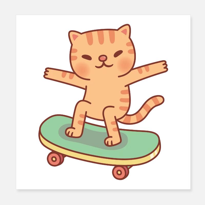 Chat tigré orange mignon patinant sur une planche à roulettes Poster 20 x 20 cm