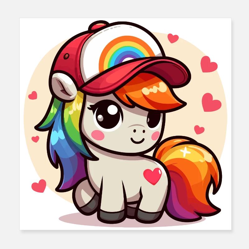 Entzückendes Regenbogenpony mit Mütze Poster 20x20 cm