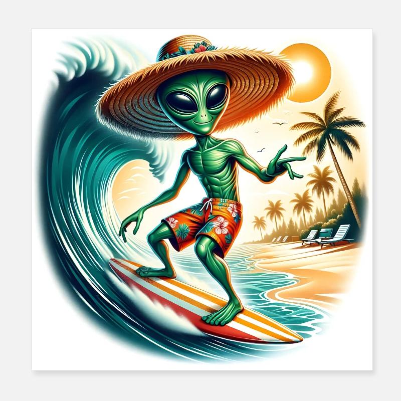 Drôle de petit extraterrestre sur planche de surf Poster 20 x 20 cm