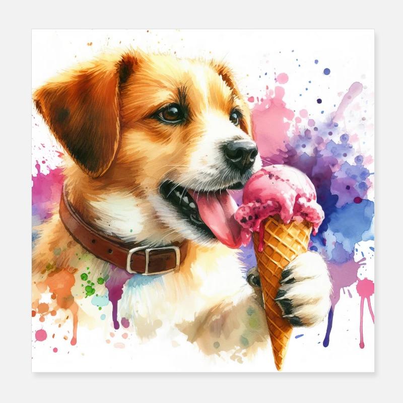 Hund isst Eis Poster 20x20 cm