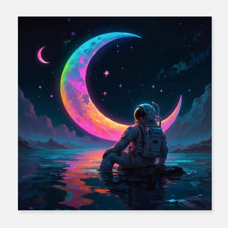 Astronaute solitaire sur une planète extraterrestre avec la lune Poster 20 x 20 cm