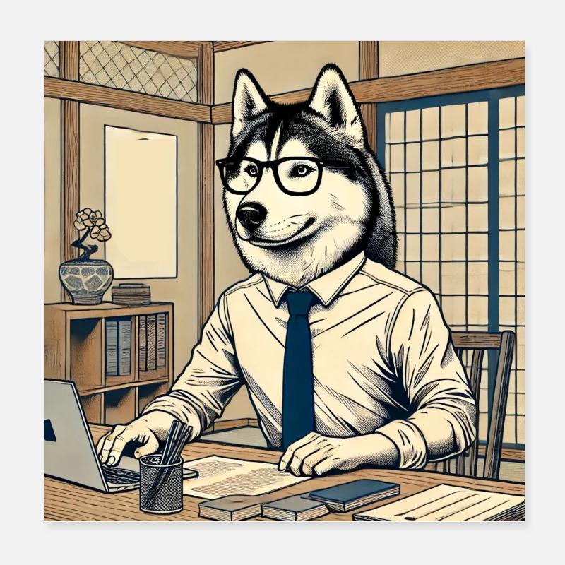 Husky at the Desk - Ukiyo-e Style Poster 8" x 8" (20x20 cm)