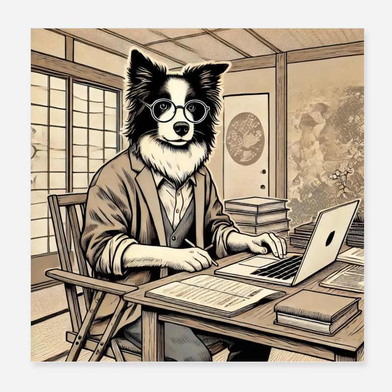 Border Collie au bureau - Ukiyo-e Style Poster 20 x 20 cm
