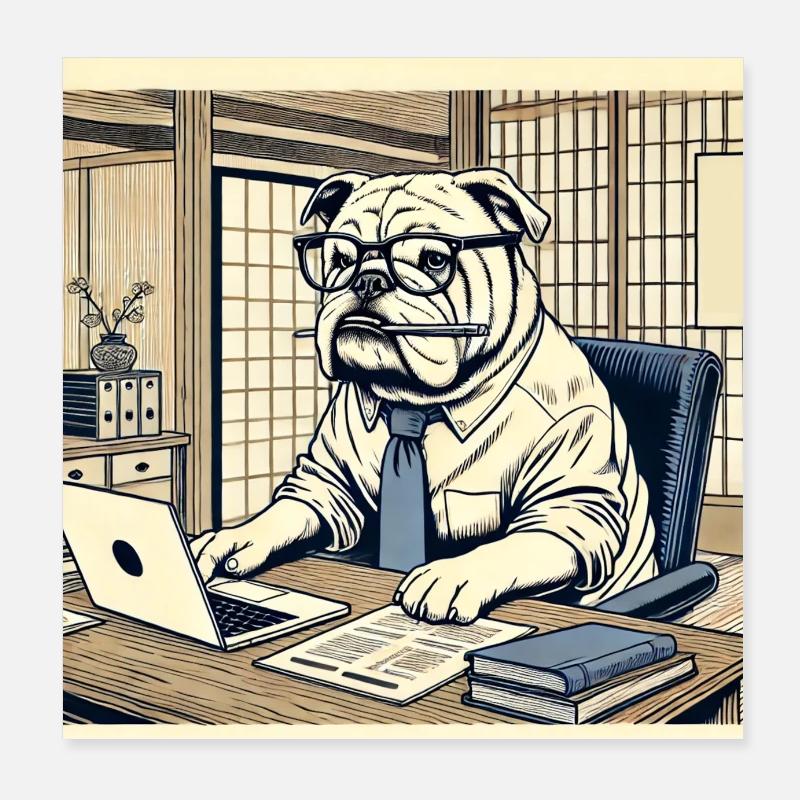 Bouledogue au bureau - Ukiyo-e Style Poster 20 x 20 cm