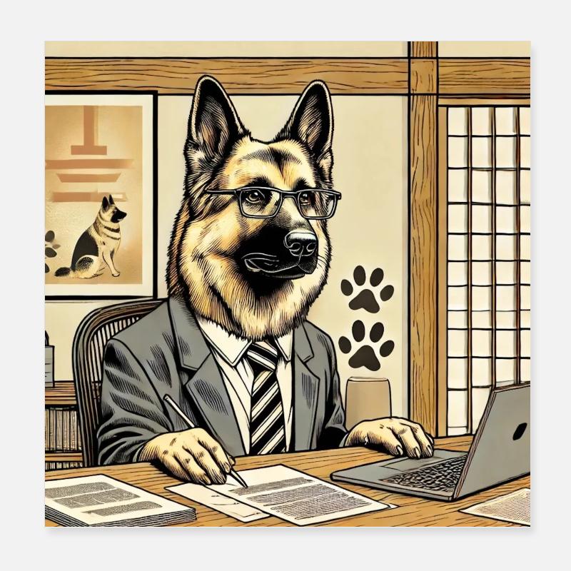 Schäferhund am Schreibtisch - Ukiyo-e Stil Poster 20x20 cm