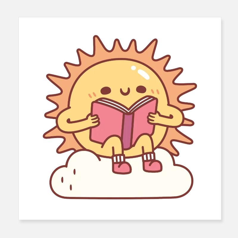 Cute Sun Reading A Book On A Cloud Poster 8" x 8" (20x20 cm)