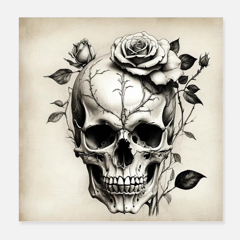 Crâne pâle altéré avec roses roses vignes - Poster 20 x 20 cm - blanc