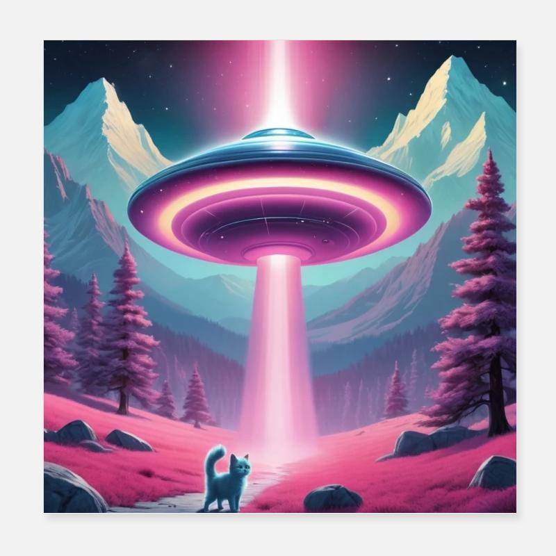 Ufo mit Kätzchen - Poster 20x20 cm - Weiß