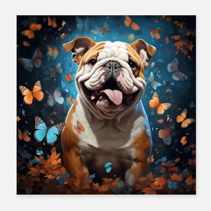 Bouledogue anglais avec fleurs et papillons Poster 20 x 20 cm