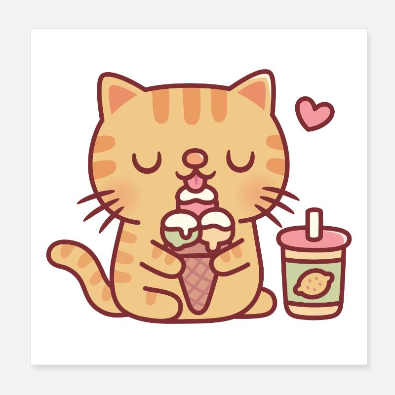 Süße getigerte Katze liebt es, Eis zu essen Poster 20x20 cm
