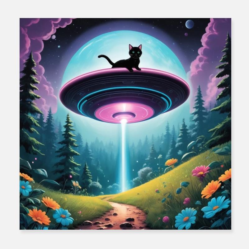 UFO with kitten Poster 8" x 8" (20x20 cm)