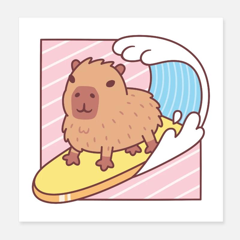 Cute Capybara Surfing On Surfboard Poster 8" x 8" (20x20 cm)