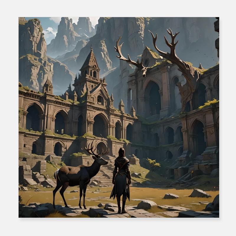 Mädchen mit Hirsch - Poster 20x20 cm - Weiß