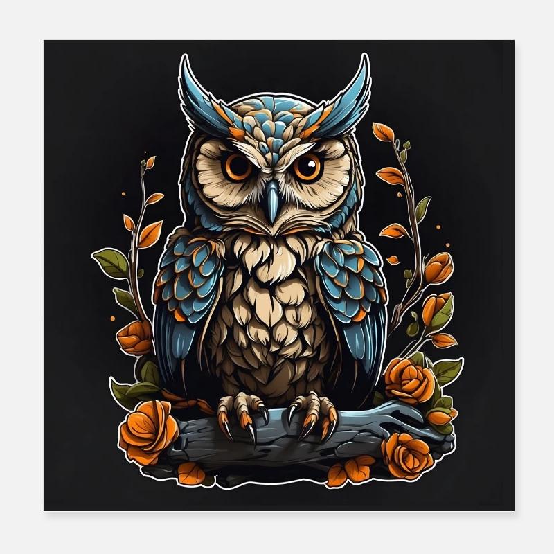 Dekorative unheimliche Eule mit Rosenblüten Poster 20x20 cm