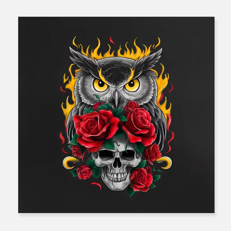 Unheimliche Eule mit Rosenblüten und Skull Poster 20x20 cm
