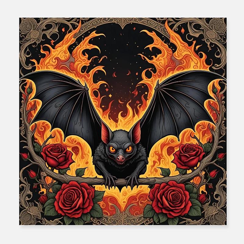 Bat and Fire Burning Bat Poster 8" x 8" (20x20 cm)