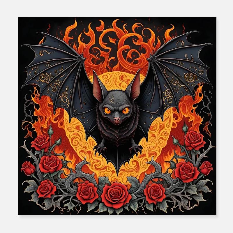 Bat and Fire Burning Bat Poster 8" x 8" (20x20 cm)