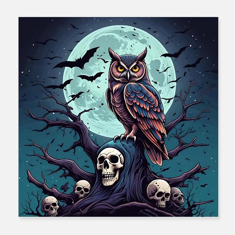 Mystische Eule sitzt auf Skull Poster 20x20 cm