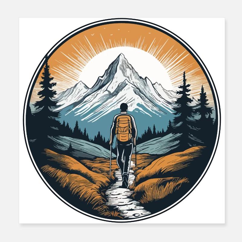 Randonneurs devant un fond de montagne Poster 20 x 20 cm