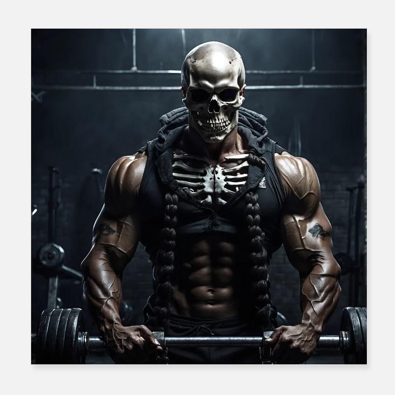 Bodybuilder Skull mit Langhantel harter Workout Poster 20x20 cm