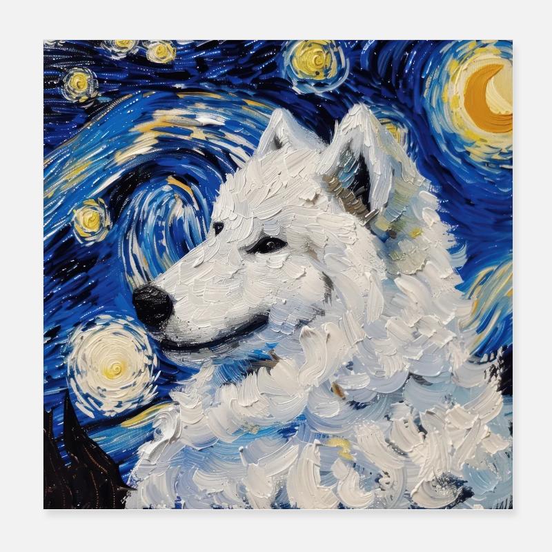 Samojede Samoyed Van Gogh Sternennacht Geschenk Poster 20x20 cm