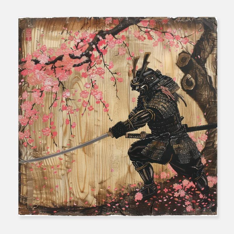 Japanese Samurai Cherry Blossom Art Ukiyo-E Poster 8" x 8" (20x20 cm)