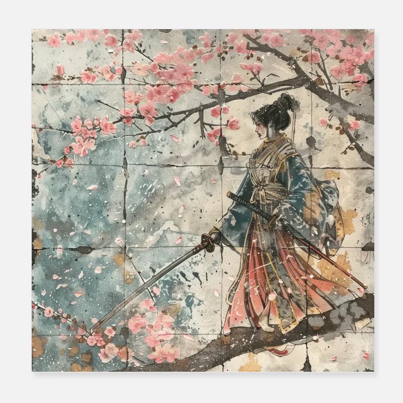 Japanese, Samurai, Cherry Blossom, Art, Ukiyo-E Poster 8" x 8" (20x20 cm)