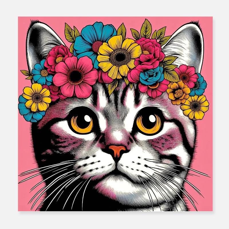 Chat avec des fleurs Poster 20 x 20 cm