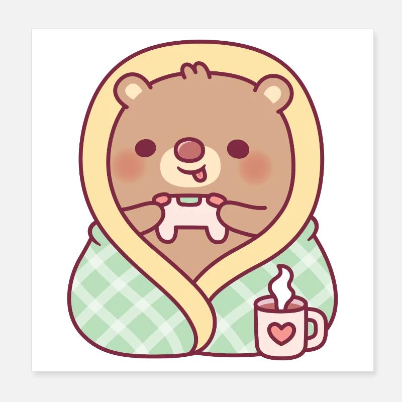 Cute Bear Wrapped In Cozy Blanket While Gaming Poster 8" x 8" (20x20 cm)