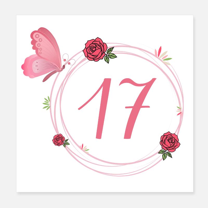 17e anniversaire papillon et fleurs fillettes Poster 20 x 20 cm