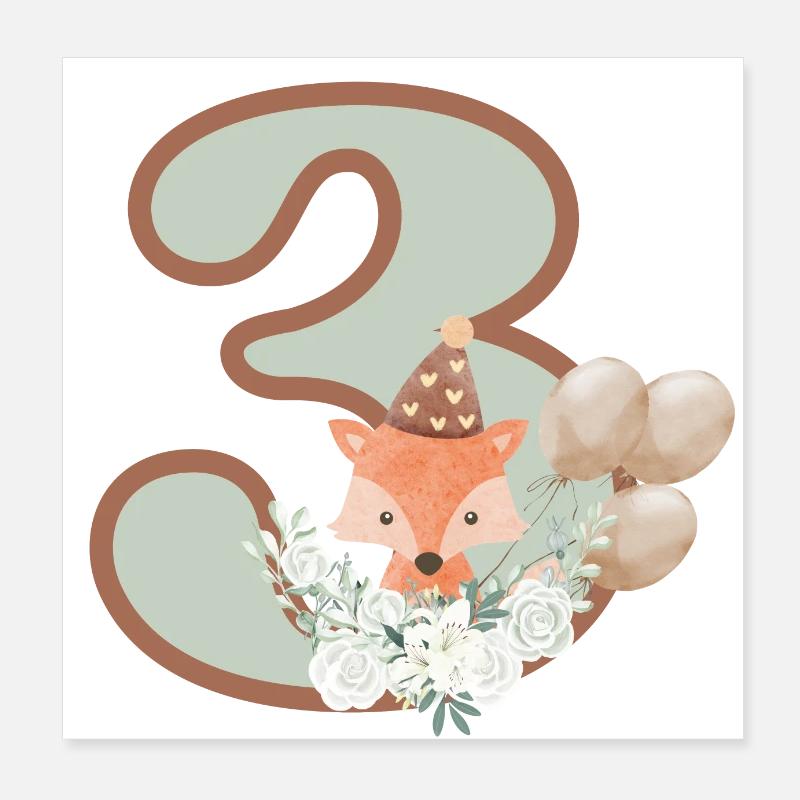 3rd Birthday Fox Flowers Poster 8" x 8" (20x20 cm)
