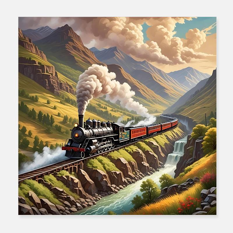 Bunter nostalgischer Eisenbahnzug mit Dampflok Poster 20x20 cm