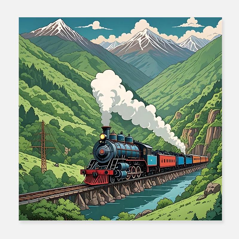 Bunter nostalgischer Eisenbahnzug mit Dampflok Poster 20x20 cm