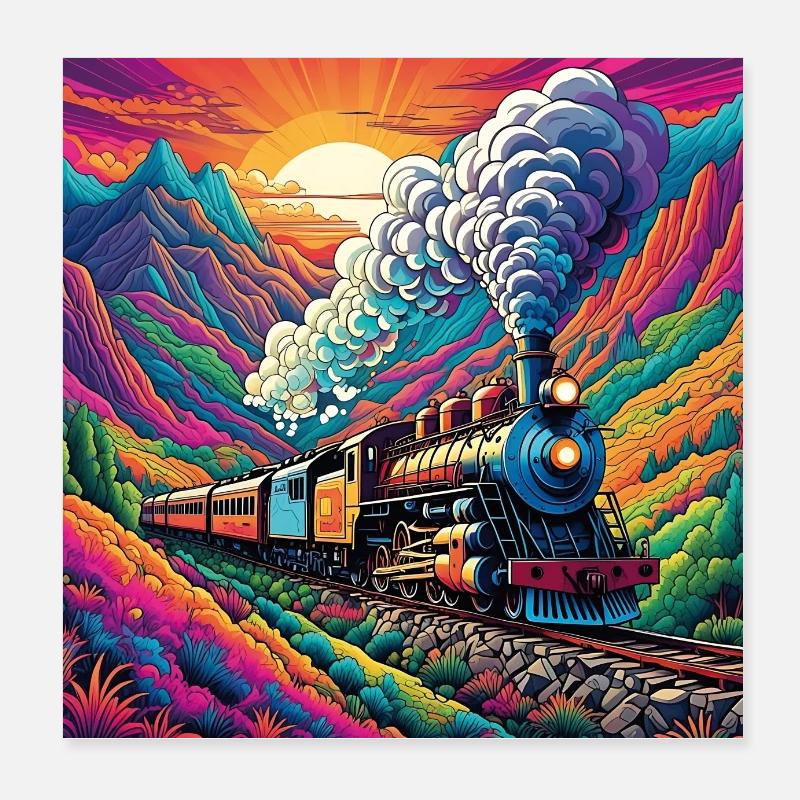 Train de chemin de fer nostalgique coloré avec locomotive à vapeur Poster 20 x 20 cm