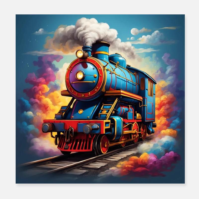Bunte nostalgische Dampflokomotive Poster 20x20 cm
